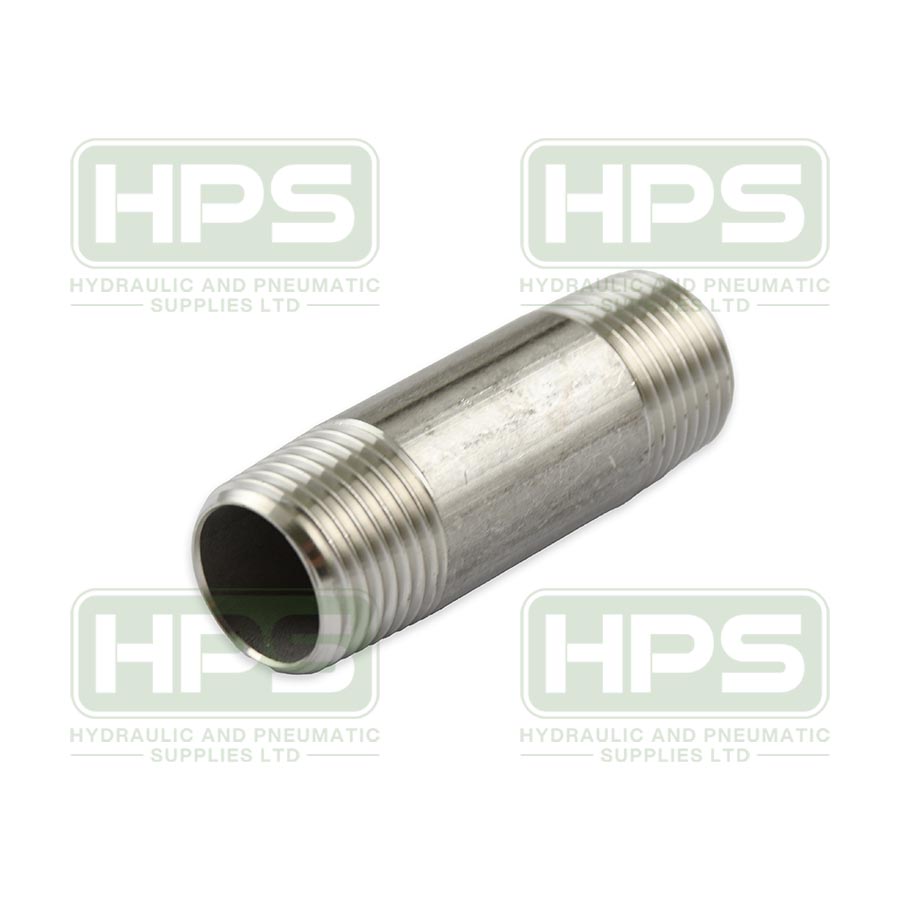 Stainless steel barrel nipple with BSPT male threads for secure pipe connections in industrial applications.