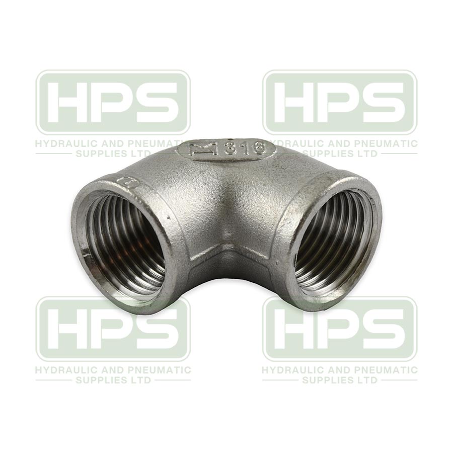 Stainless steel 90-degree elbow with BSPP female threads for industrial piping systems.