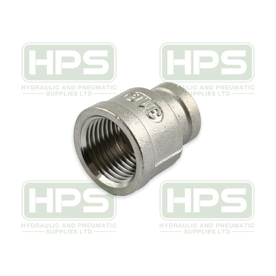 Stainless steel reducing socket with BSPP female threads for pipe size adaptation in industrial systems.