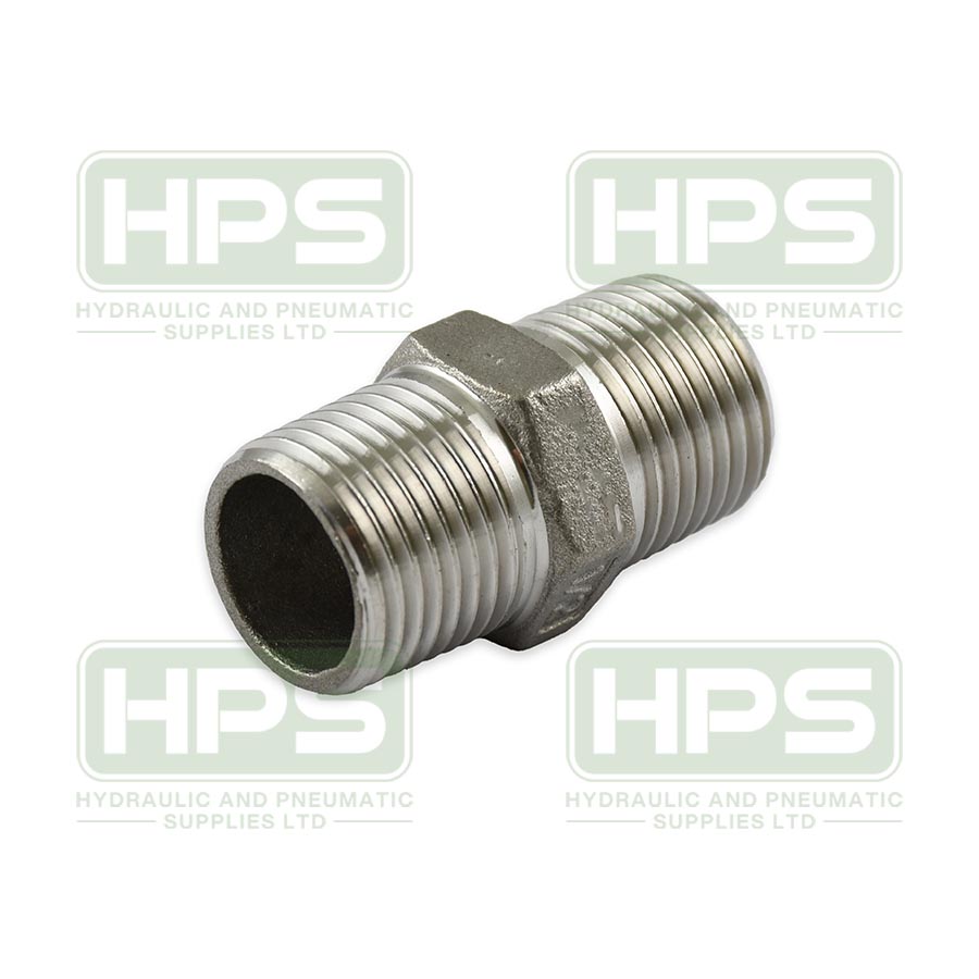 Stainless steel equal hex nipple with BSPT male threads, rated for 20 bar in industrial fluid systems.