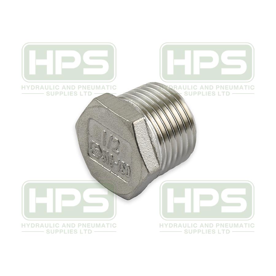 Stainless steel hex plug with BSPT male thread for securely sealing industrial pipelines.