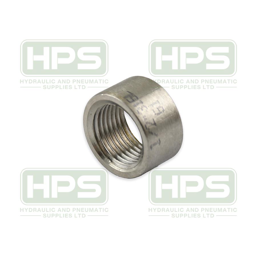 Stainless steel half socket with BSPP female thread and weld end for industrial piping systems.