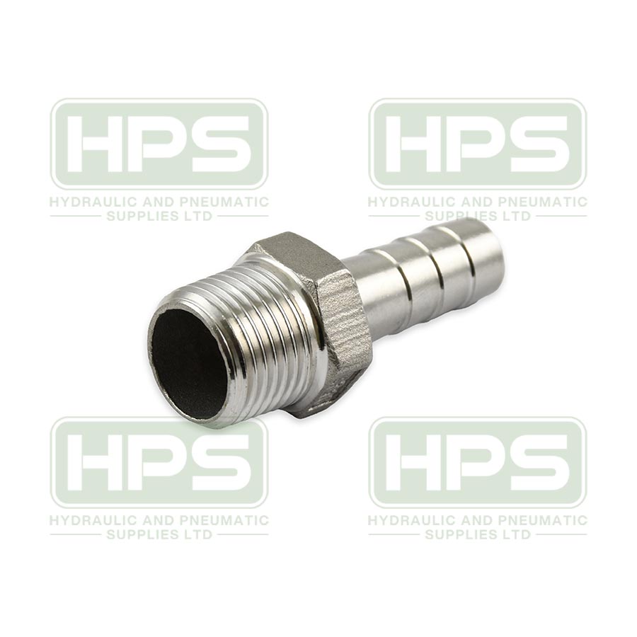 Stainless steel hosetail with BSPT male thread for secure hose-to-pipe connections in industrial applications.