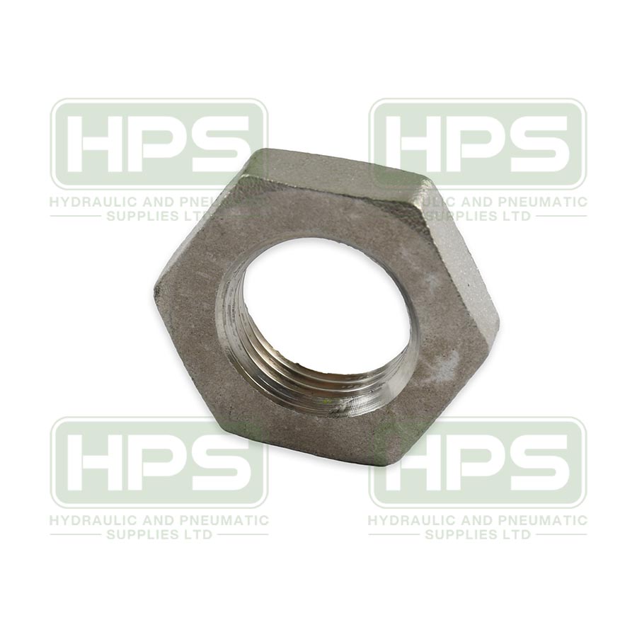 Stainless steel locknut with BSPP female thread for securing fittings in industrial pipelines.