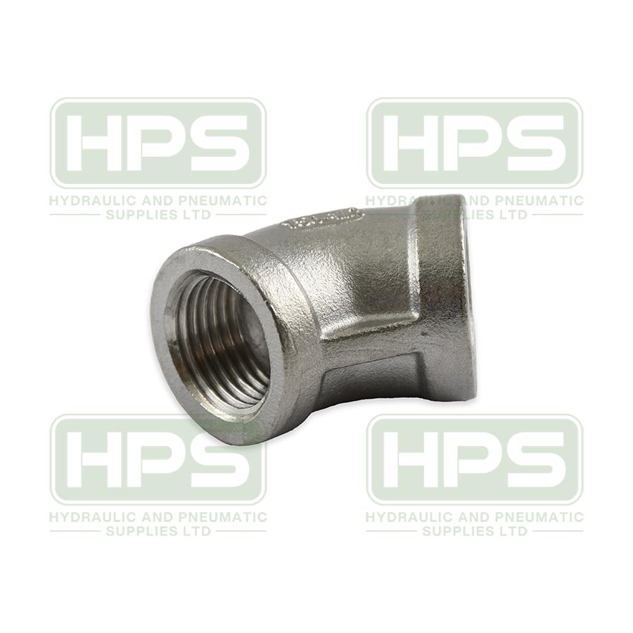 Stainless steel 45-degree elbow with BSPP female threads for industrial piping systems.