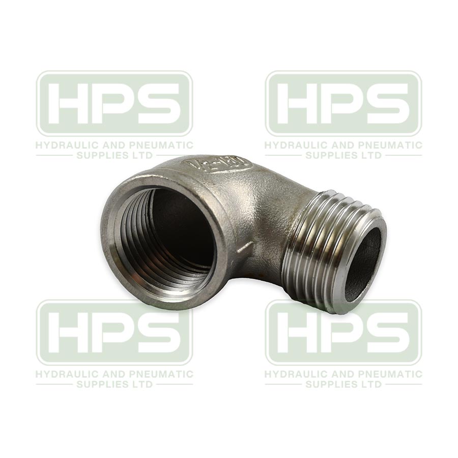 Stainless steel 90-degree elbow with BSPT male and BSPP female threads for industrial piping systems.