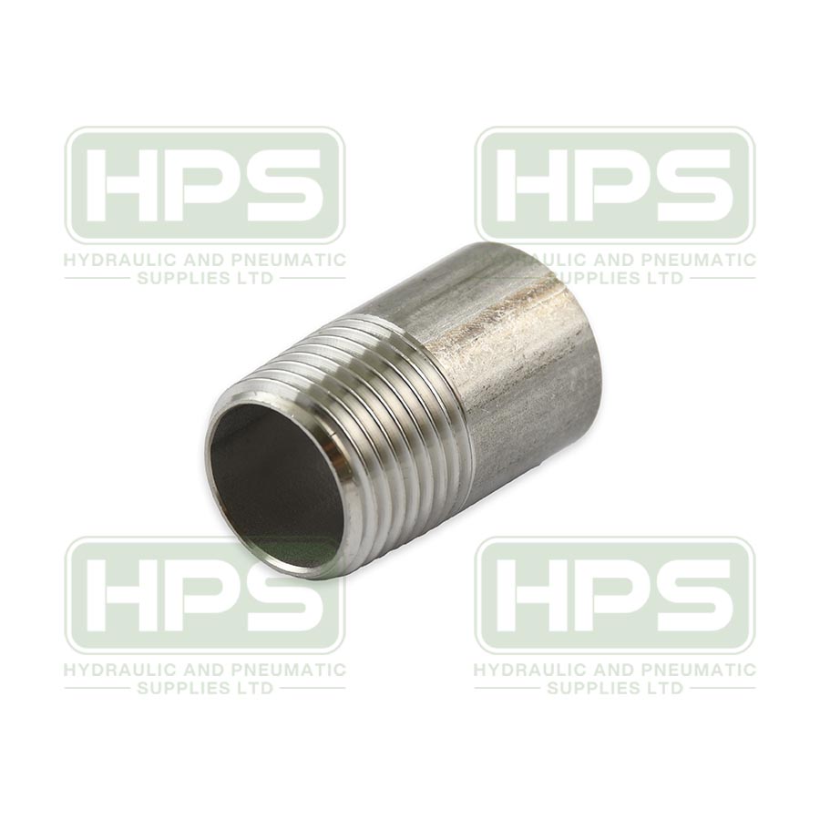 Stainless steel weld nipple with BSPT male thread and smooth weld end for industrial pipeline connections.